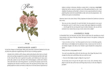 Load image into Gallery viewer, Open book showing illustrated rose chapter with botanical drawing and Jane Austen novel quotes