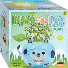 Load image into Gallery viewer, Plant-a-Pet Puppy grow kit box showing blue dog planter with chia sprouts growing from top