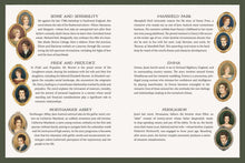 Load image into Gallery viewer, Jane Austen book spread showing six novel summaries with character portraits in ornate frames