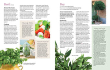 Load image into Gallery viewer, Open herb reference book showing pages about basil and bay plants with photos and growing information