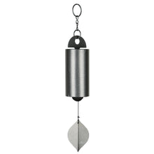 Load image into Gallery viewer, Antique silver wind chime with cylindrical tube and teardrop sail hanging from chain