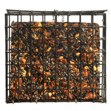 Load image into Gallery viewer, Black wire cage bird feeder filled with mixed nuts and seeds for wild birds