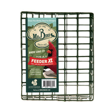 Load image into Gallery viewer, Mr. Bird Neat Feeder XL green wire suet cage with product packaging label