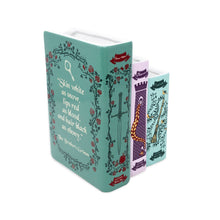 Load image into Gallery viewer, Decorative book vase set featuring Grimm's fairy tales with turquoise covers and floral designs