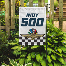 Load image into Gallery viewer, Indy 500 Indianapolis Motor Speedway garden flag with checkered pattern displayed outdoors