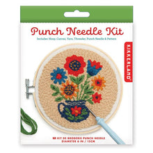 Load image into Gallery viewer, Punch needle embroidery kit with floral bouquet design in embroidery hoop