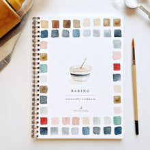 Load image into Gallery viewer, Spiral-bound watercolor workbook with baking theme showing color swatches and mixing bowl illustration