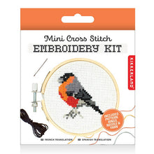 Load image into Gallery viewer, Mini cross stitch embroidery kit featuring colorful bird design in wooden hoop