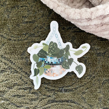 Load image into Gallery viewer, White vinyl sticker featuring silver pothos plant in reflective disco ball planter