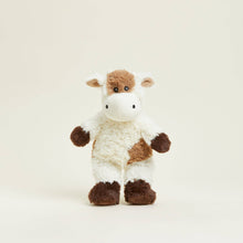 Load image into Gallery viewer, Plush cow stuffed animal toy with brown and white fur, black eyes and hooves