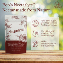 Load image into Gallery viewer, Pop's Birding Nectarlyte hummingbird nectar powder concentrate package with product benefits listed