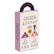 Load image into Gallery viewer, Pink and purple orchid care kit packaging with handle showing bloom concentrate and protect spray bottles