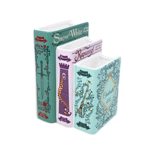 Load image into Gallery viewer, Three decorative book-shaped vases featuring Snow White, Rapunzel, and Cinderella fairy tale designs