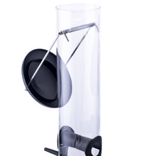 Load image into Gallery viewer, Clear tube bird feeder with black perches and feeding ports for outdoor use