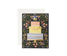 Load image into Gallery viewer, Congratulations greeting card featuring decorative wedding cake with floral border on dark background