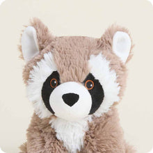 Load image into Gallery viewer, Plush brown and white raccoon stuffed animal with black mask and orange eyes