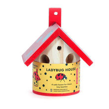 Load image into Gallery viewer, Wooden ladybug house with red roof and yellow base featuring beetle illustrations