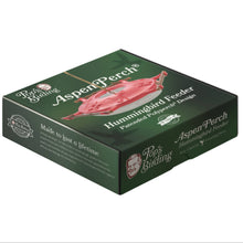 Load image into Gallery viewer, Pop's Birding AspenPerch Hummingbird Feeder packaging in green box with red feeder image