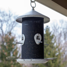 Load image into Gallery viewer, Heavy duty mesh metal bird feeder with whitewashed finish hanging outdoors with two perches