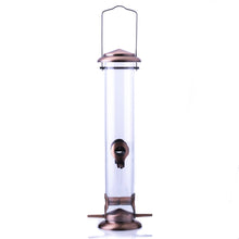 Load image into Gallery viewer, Tall clear tube bird feeder with copper finish top, bottom and perches