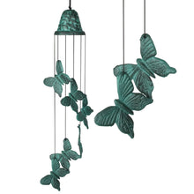 Load image into Gallery viewer, Green patinated butterfly wind chime with cascading metal butterflies on strings
