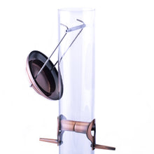 Load image into Gallery viewer, Clear tube bird seed feeder with copper-colored metal perches and feeding ports