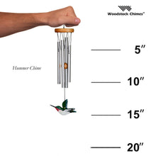 Load image into Gallery viewer, Hand-held Woodstock Hummer wind chime with silver tubes, wooden top, and hummingbird windcatcher