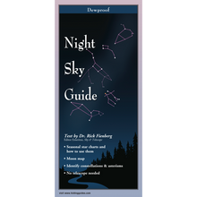 Load image into Gallery viewer, Night Sky Guide dewproof reference card showing constellation diagrams on dark blue background