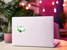 Load image into Gallery viewer, Succ It sticker with green succulent wreath design on white laptop