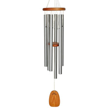 Load image into Gallery viewer, Large silver wind chime with multiple aluminum tubes and wooden accents hanging vertically