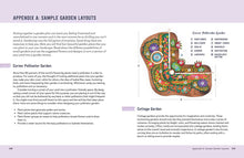 Load image into Gallery viewer, Open gardening book showing sample garden layout pages with plant diagrams and design tips