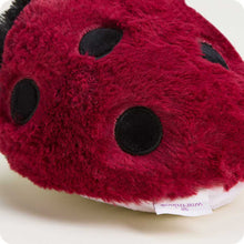 Load image into Gallery viewer, Red plush ladybug stuffed animal with black spots and Warmies brand tag