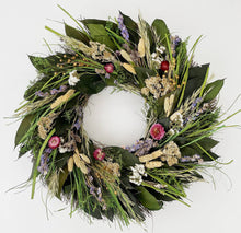 Load image into Gallery viewer, Natural prairie wreath with dried grasses, wildflowers, and colorful blooms on white background