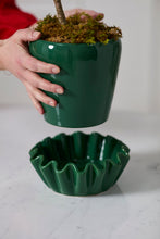 Load image into Gallery viewer, Dark green glossy ceramic pot with ruffled saucer, filled with moss and small tree branch.