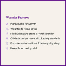 Load image into Gallery viewer, Warmies product features list showing microwavable heating pad benefits with purple icons