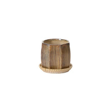 Load image into Gallery viewer, Ribbed ceramic planter pot with matching saucer in warm brown tones