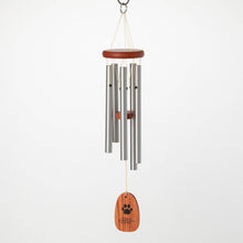 Load image into Gallery viewer, Woodstock wind chime with silver tubes, wooden top and paw print engraved wind catcher
