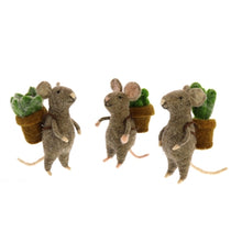 Load image into Gallery viewer, Three felted wool mice figurines carrying miniature terracotta pots with succulents and cacti