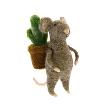 Load image into Gallery viewer, Felted wool gray mouse figurine holding a small potted cactus succulent