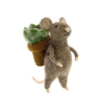 Load image into Gallery viewer, Felted wool gray mouse figurine holding a small potted succulent plant ornament