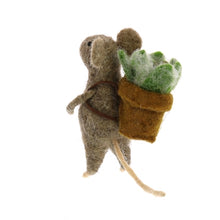 Load image into Gallery viewer, Felted wool gray mouse figurine carrying a potted succulent plant on its back