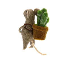 Load image into Gallery viewer, Needle felted wool mouse figurine carrying a potted succulent plant on its back