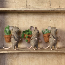 Load image into Gallery viewer, Three felted wool mice figurines holding terracotta pots with green succulents on wooden shelf.