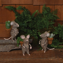 Load image into Gallery viewer, Three felted wool gray mice figurines holding terracotta pots with succulent plants