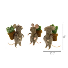 Load image into Gallery viewer, Set of three felted wool gray mice figurines each carrying small potted succulent plants