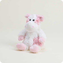 Load image into Gallery viewer, Pink and white plush cow stuffed animal with black button eyes sitting upright