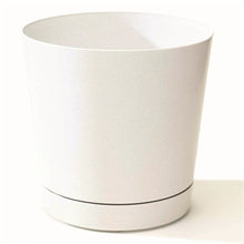 Load image into Gallery viewer, White ceramic cylinder plant pot with matching drainage saucer on neutral background