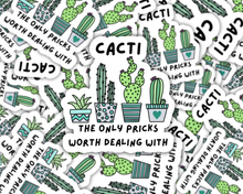 Load image into Gallery viewer, Collection of white cactus-themed stickers with green illustrations and humorous plant pun text