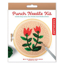 Load image into Gallery viewer, Punch needle embroidery kit featuring red tulips design in wooden hoop with supplies