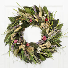 Load image into Gallery viewer, Prairie wreath with dried flowers, grasses, and green foliage on white background